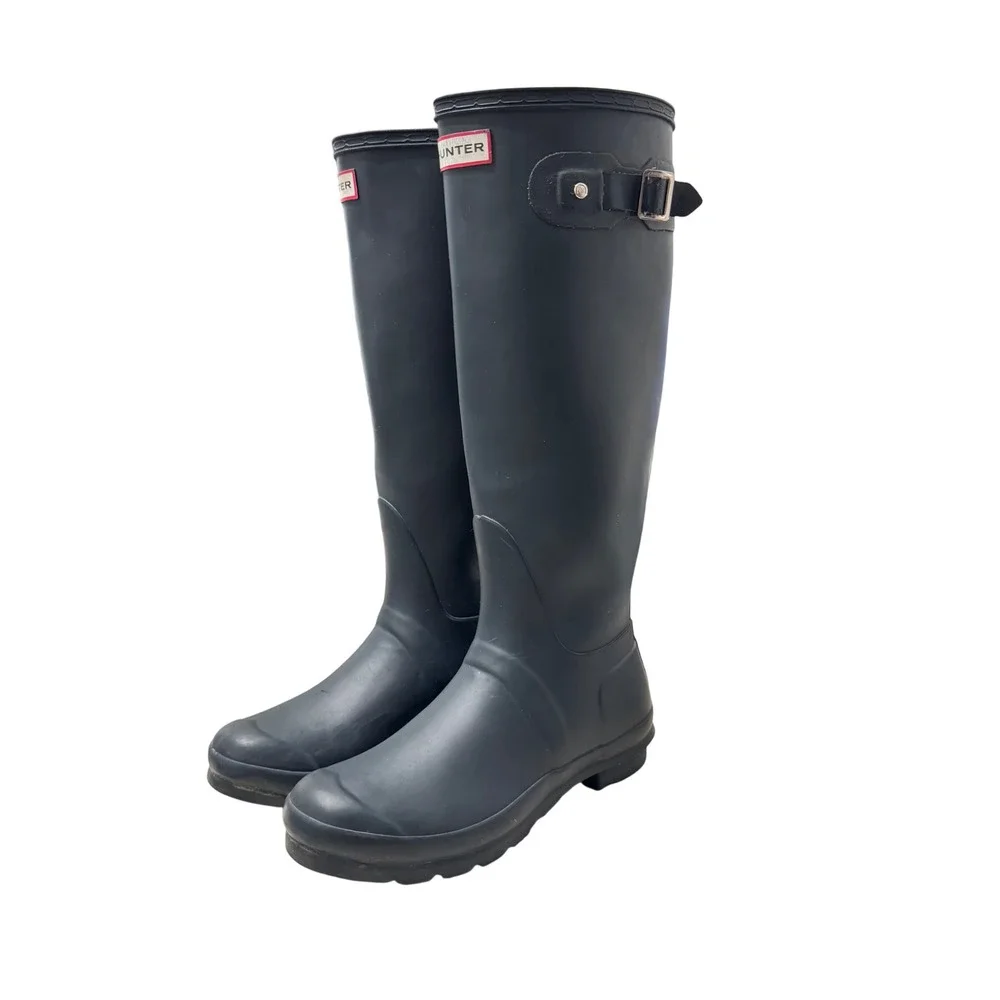 Hunter Original Tall Rain Boots Womens 8 Navy Blue Waterproof Matte